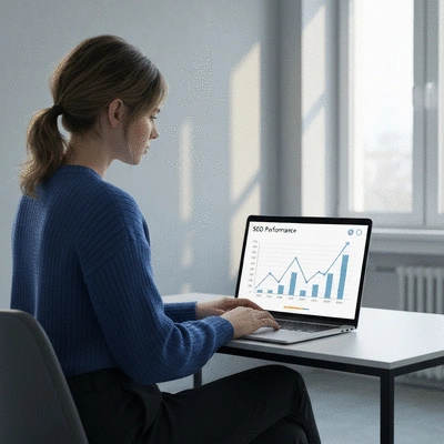 Personne utilisant un ordinateur portable avec un graphique SEO montrant une amélioration