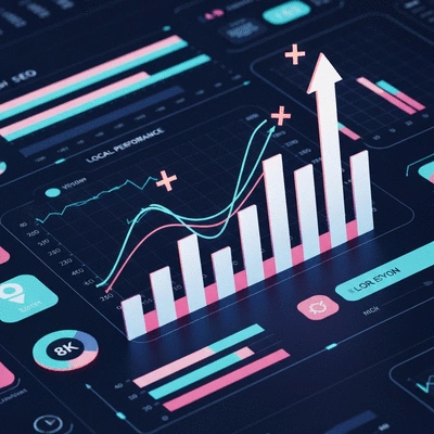 Graphiques et donn&eacute;es montrant l'am&eacute;lioration de la performance SEO locale avec des fl&egrave;ches vers le haut