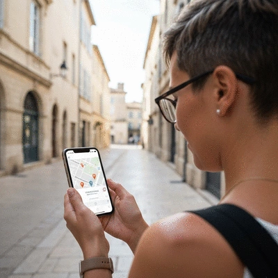 Person using a smartphone to search for local businesses in Avignon, with a map overlay showing business pins, no text, no words, no typography, 8K