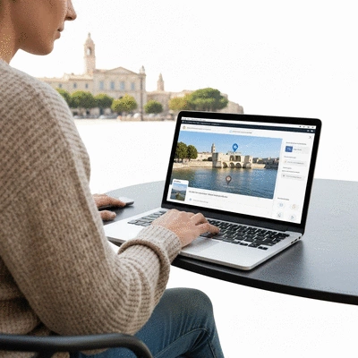 Person using a laptop to search for local businesses in Avignon, with a map overlay