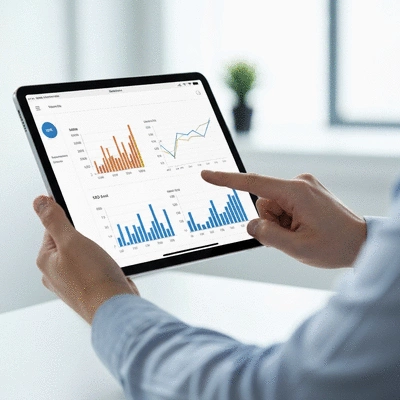 Close-up of a person's hands holding a tablet and pointing at a screen with SEO metrics and graphs