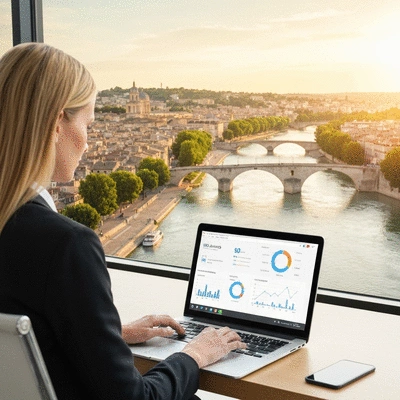 Person using a laptop with SEO analytics on screen, with Avignon city in the background, no text, no words, no typography, clean image