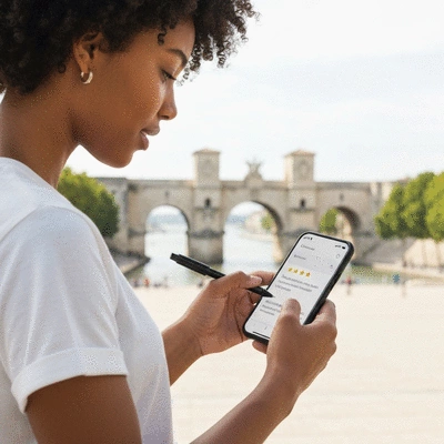 Person using a smartphone to leave a positive review for a local business in Avignon