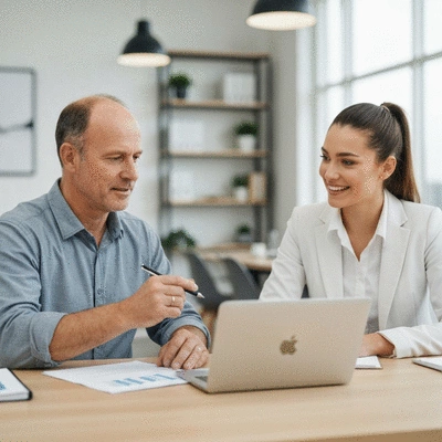 Small business owner discussing SEO strategy with an agency representative