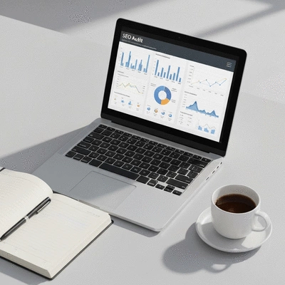 Top-down view of a desk with a laptop displaying SEO audit results, a notebook, and a coffee, no text, no words, no typography, clean image