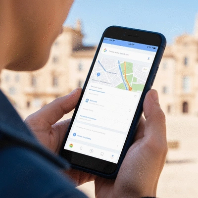 Person using a mobile phone to search for local businesses in Avignon, with Google Maps interface visible, clean image, no text