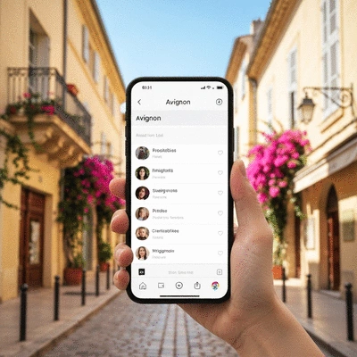 Close-up of a hand holding a smartphone showing local search results for Avignon, with a blurred background of a charming street in Avignon