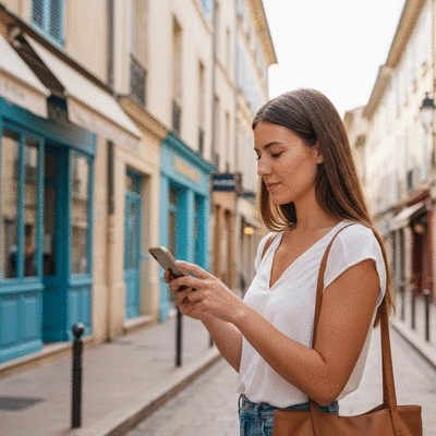 Personne utilisant une carte num&eacute;rique sur un smartphone dans un cadre urbain d'Avignon
