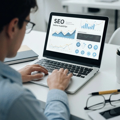 Personne travaillant sur un ordinateur portable avec des graphiques SEO affich&eacute;s
