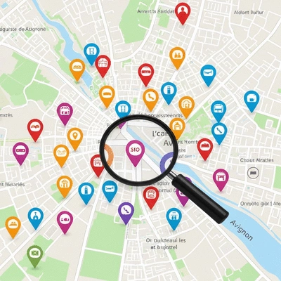 Detailed local map of Avignon with SEO markers, magnifying glass, and business icons, symbolizing local SEO
