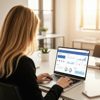 Personne travaillant sur un ordinateur portable avec des graphiques SEO