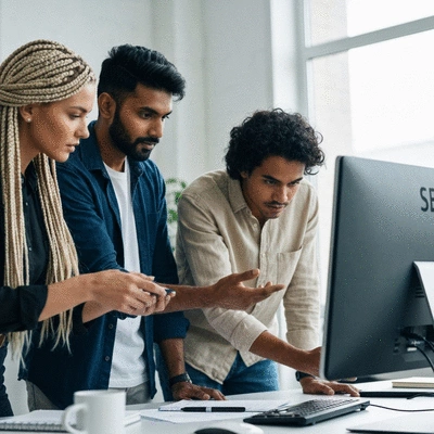 Team of SEO specialists collaborating in an office, discussing data on a large screen, no text, no words, no typography, clean image