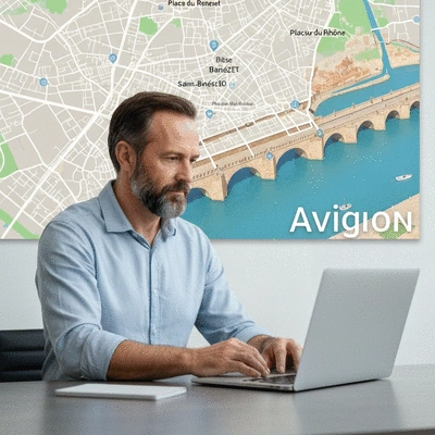 Person researching local SEO on a laptop with Avignon city map in background, no text, no words, no typography, clean image