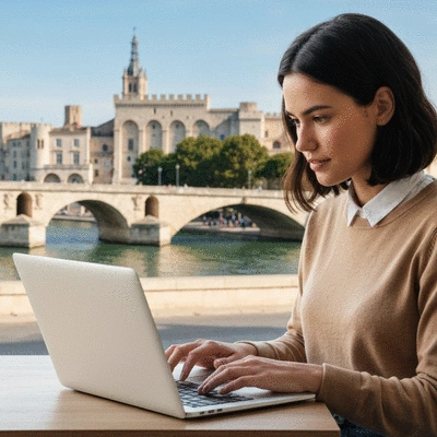 Person using a laptop to research SEO agencies, with local Avignon landmarks subtly blurred in the background