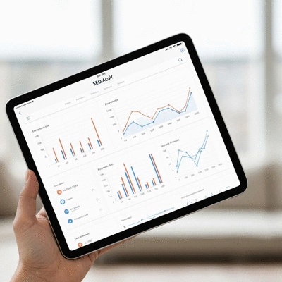 Detailed SEO audit report on a tablet with graphs and data, showing analysis of website performance, clean image, no text, no words, no typography