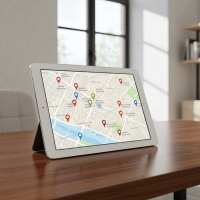 Tablette affichant une carte d'Avignon avec des &eacute;pingles de localisation, symbolisant le SEO local
