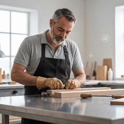 Artisan working in a clean, modern workshop, focused on his craft, with subtle digital elements overlaid to represent online visibility and SEO, no text, no words, no typography, 8K