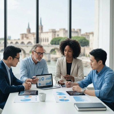 Team of SEO specialists collaborating in a modern office, Avignon landmarks in background