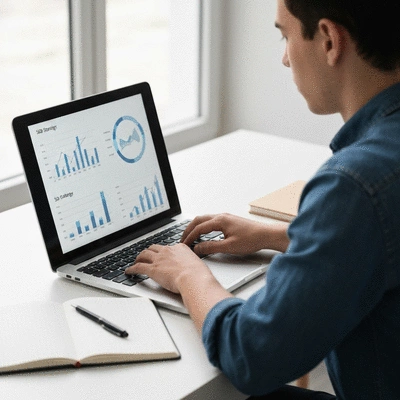 Person using a laptop to plan a SEO strategy, with graphs and data on screen