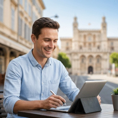 Local business owner happily reviewing increased online traffic on a tablet, with Avignon city landmarks in the blurred background, illustrating local SEO success
