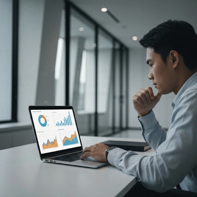 Person working on SEO strategy with a laptop and charts