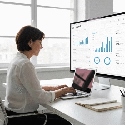 Person using a laptop with SEO analytics on screen, showing growth charts and search results, bright office setting, no text, no words, no typography