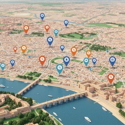 Stylized map of Avignon with location pins and search icons
