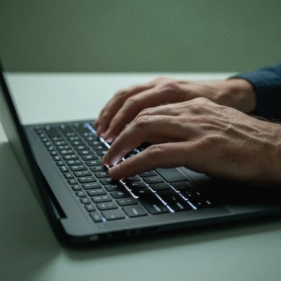 Close-up of a person typing on a laptop, with keyword research tools visible on screen, showing data analysis