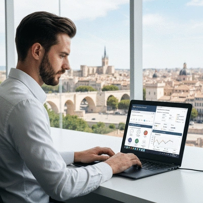 Person using a laptop with SEO tools displayed on screen, Avignon city background blurred