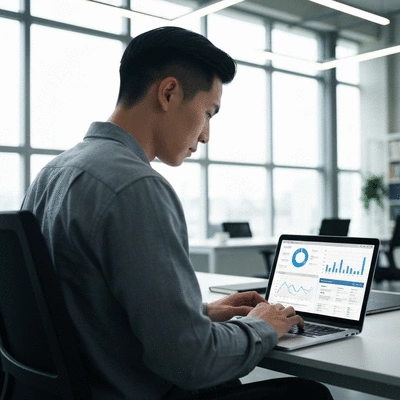 Person using a laptop to analyze SEO data, with charts and graphs visible on screen