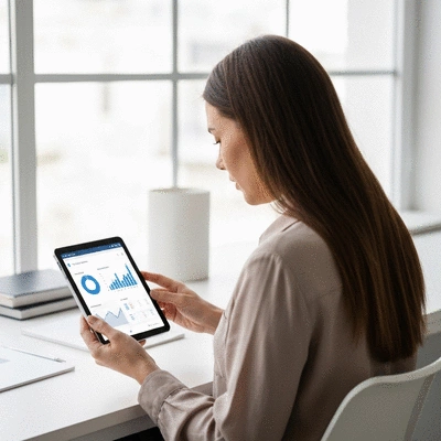 Person using a tablet to plan SEO strategy, with analytics dashboard visible