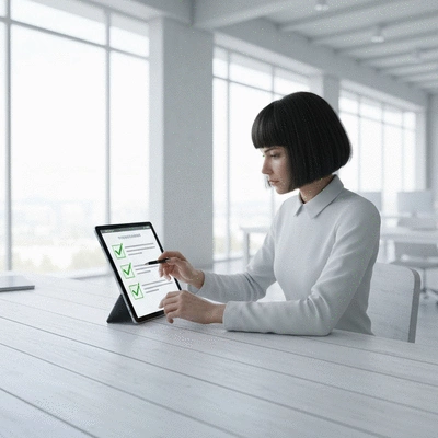 Person using a tablet to review a digital checklist for SEO agency evaluation, clean desk, modern setting, no text, no words, no typography, 8K
