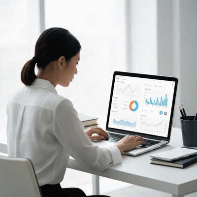 Person using a laptop with SEO metrics on screen, symbolizing online visibility