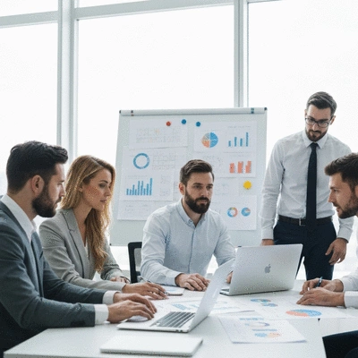 Professional team collaborating on a digital marketing strategy, using laptops and whiteboards in a modern office, no text, no words, no typography