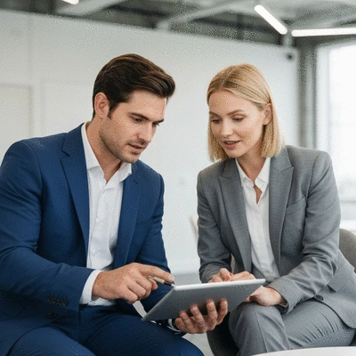 Two business professionals discussing SEO strategy on a tablet in a modern office, showing collaboration and clear communication
