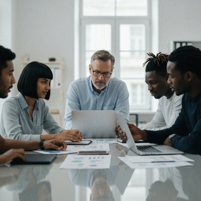 Team of SEO specialists collaborating on a digital marketing strategy