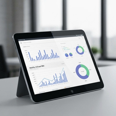 Data analytics dashboard on a tablet showing mobile SEO metrics and ROI