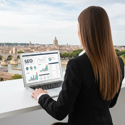 Person using a laptop with SEO graphs on screen, Avignon background