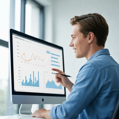 Personne examinant des graphiques de performance SEO sur un &eacute;cran d'ordinateur, symbolisant la transparence et l'analyse de donn&eacute;es, no text, no words, no typography, clean image