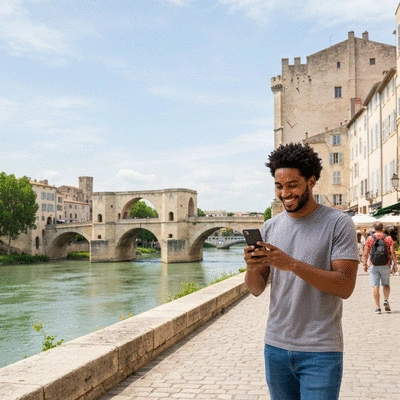 Person using a smartphone to leave a positive review for a local business, with Avignon city in the background
