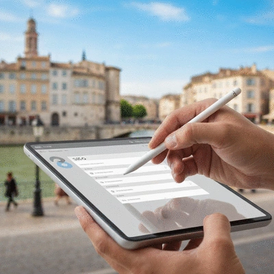 Hand adjusting SEO settings on a tablet, with a blurred background showing a vibrant Avignon street, no text, no words, no typography, clean image