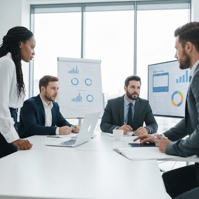 Business professionals discussing SEO strategy in a modern office