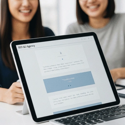 Clients giving positive testimonials on a tablet or computer screen, happy expressions
