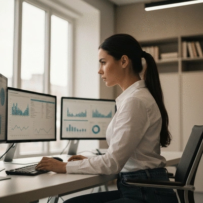 Professional SEO specialist analyzing data on multiple screens, clean office environment