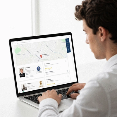 Person using a laptop to search for local businesses in Avignon, focusing on SEO results, no text, no words, no typography, 8K