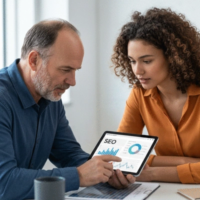 Deux personnes discutant de graphiques SEO sur une tablette