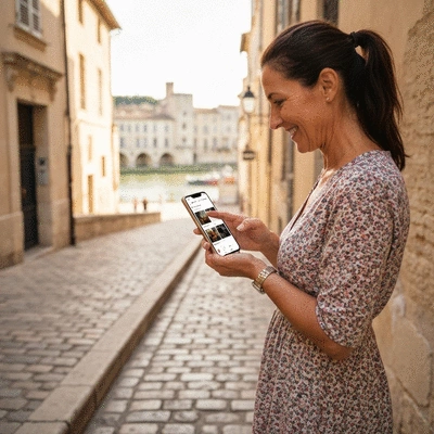 Person using a smartphone to search for local businesses in Avignon
