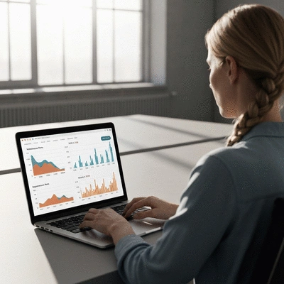 Person using a laptop with SEO graphs on screen