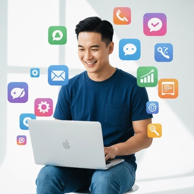 Une personne souriante travaillant sur un ordinateur portable, entour&eacute;e d'ic&ocirc;nes de m&eacute;dias sociaux et de marketing num&eacute;rique, ambiance lumineuse et positive, no text, no words, no typography, no labels, clean image