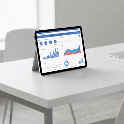 Un rapport d'audit SEO affich&eacute; sur une tablette, avec des graphiques et des analyses de donn&eacute;es, sur un bureau moderne